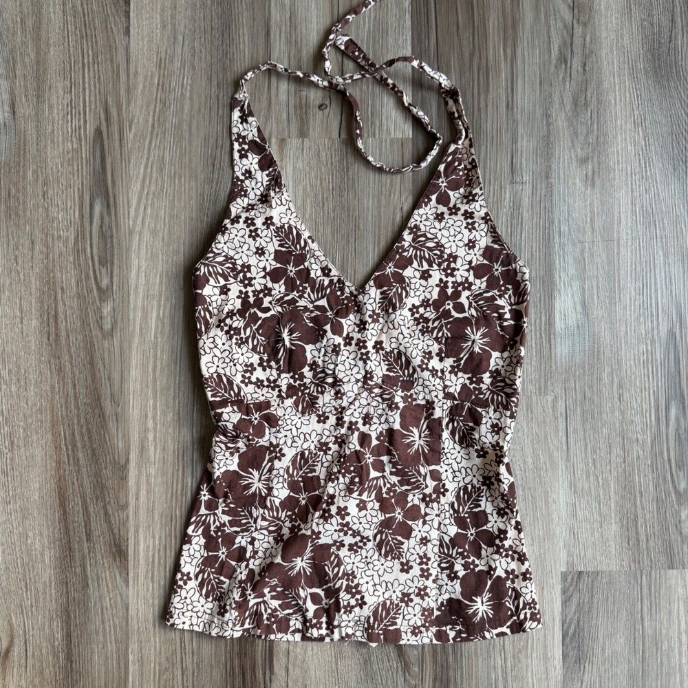 Vintage Reworked Brown Floral Halter Top Hibiscus Print V-Neck Back Zip Summer'